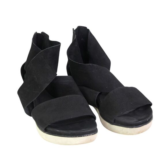 Eileen Fisher BLACK REAL SUEDE OPEN TOE FLAT ZIP BACKSIDE SANDALS SHOES Sz 8.5 - Picture 1 of 10